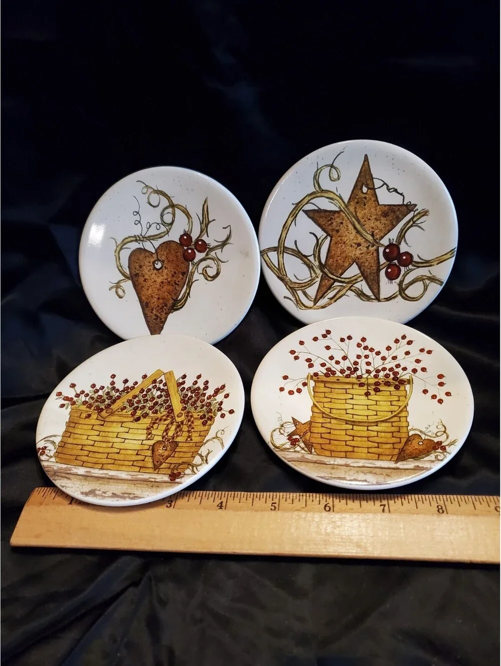 Small Primative Pottery Plates With Black Iron Rack